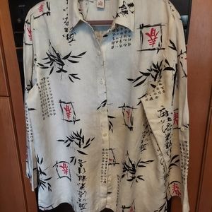 JM collection asian print lux linen jacket blouse b/w/red print sz 18